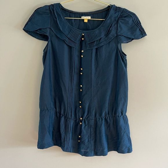 Anthropologie Leifsdottir Cap Sleeve Silk/Wool Blend Blouse || SZ 0 || Navy - Picture 1 of 8